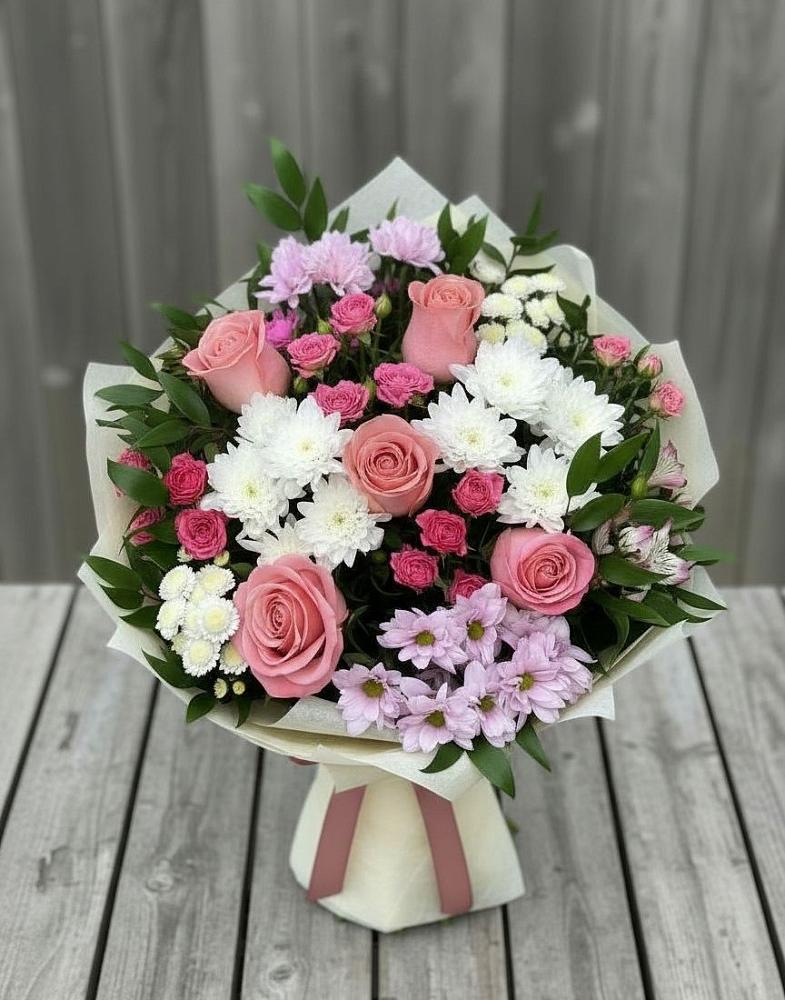 Букет цветов из: Альстромерии, Гвоздики, Розы и Хризантемы в Комсомольске Ивановской области