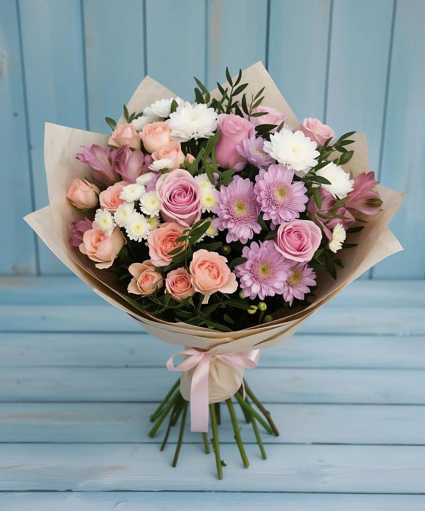 Букет цветов из: Хризантемы, Розы и Альстромерии в Комсомольске Ивановской области