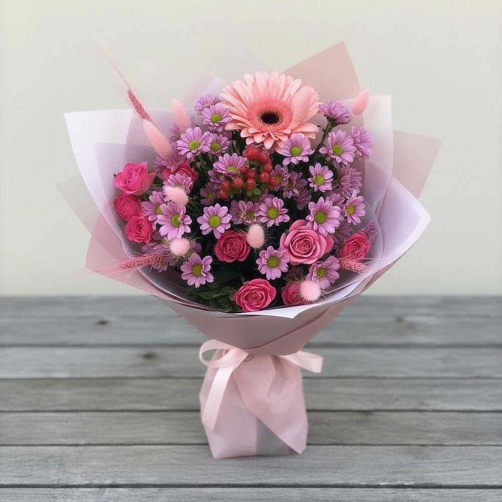 Букет цветов из: Розы, Герберы и Хризантемы в Комсомольске Ивановской области