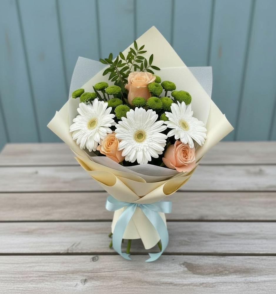 Букет цветов из: Герберы, Розы и Хризантемы в Комсомольске Ивановской области
