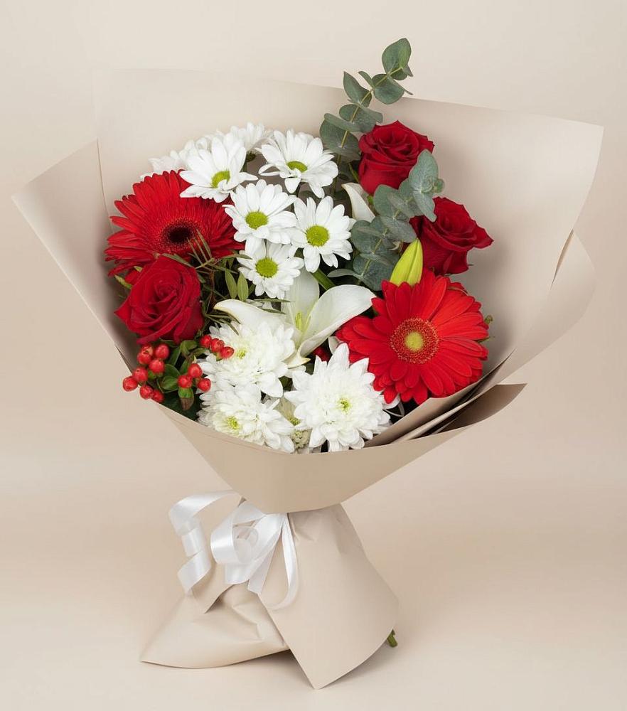 Букет цветов из: Розы, Хризантемы, Герберы и Лилии в Комсомольске Ивановской области