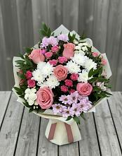 Букет цветов из:  Альстромерии, Гвоздики, Розы и Хризантемы в Комсомольске Ивановской области