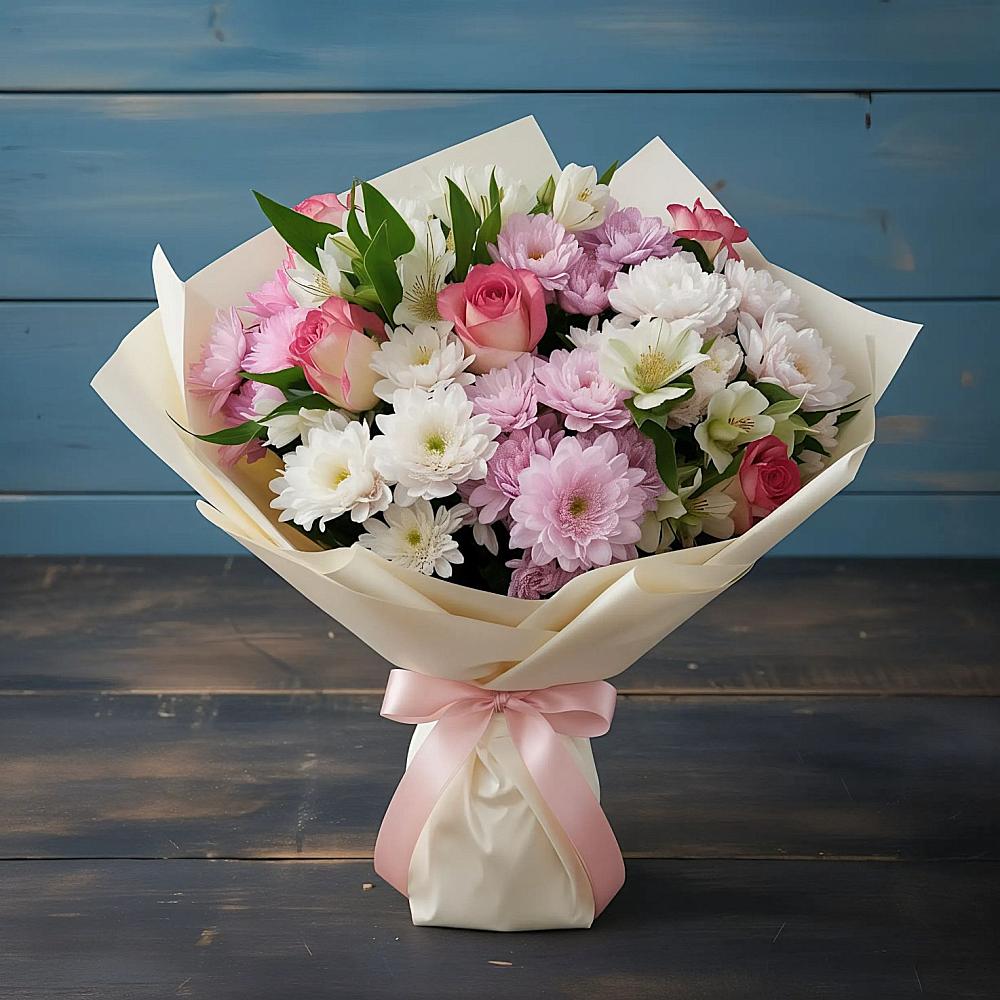 Букет цветов из: Хризантемы, Альстромерии и Розы в Комсомольске Ивановской области